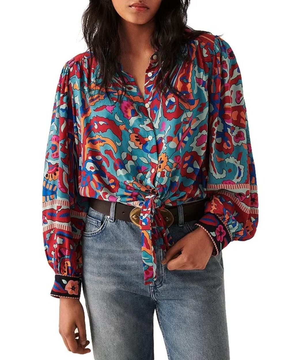 Ba&sh Martha Printed Cropped Blouse - Bleu Print - Size Medium / 6